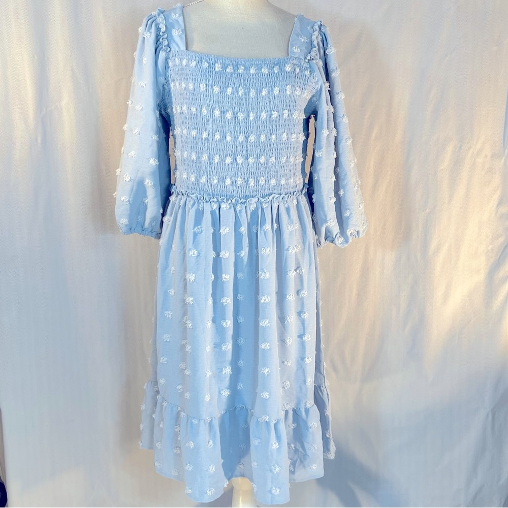 Dressystar Dress  Blue Textured Chenille Dots Smocked Ruffle Cottagecore L👍